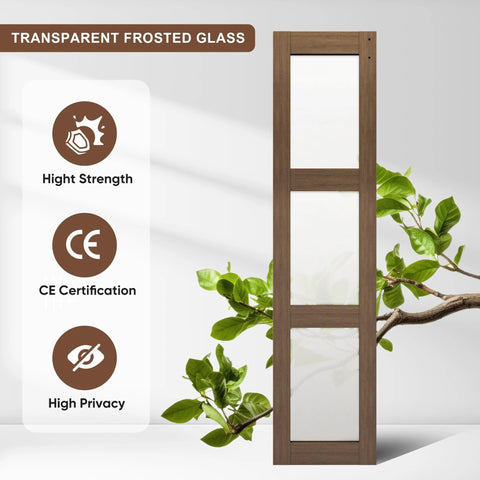 32 Inch Bifold Glass Barn Door Kit With Hardware Included showing 3 panel solid wood slab with frosted glass and brown PVC surface.