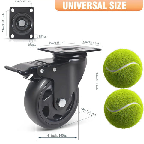 Heavy Duty 4 Inch Swivel Caster Wheel with Dual Locking Brakes, includes size chart, polyurethane material, Yaemiky