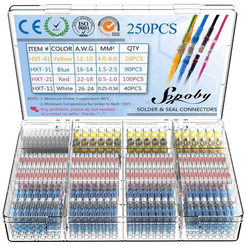 250PCS Sopoby solder seal wire connectors kit; insulated waterproof heat-shrink butt terminals in clear case