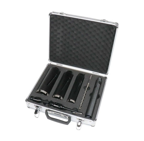 Dry Diamond Core Drill Bit Kit 1.5 To 2.5 Inch With SDS Adapters And Hex Adapters, Case Included, open view with accessories
