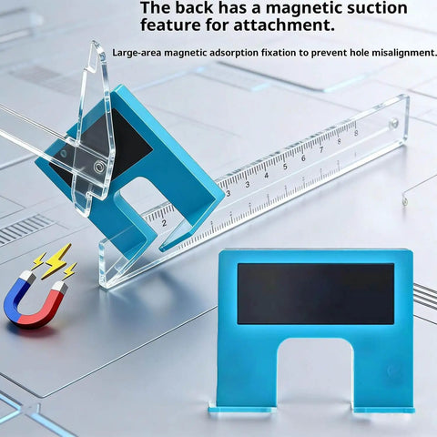 Magnetic Cabinet Door Hinge Jig Kit with Adjustable Scale and Spacer for Quick No Drill Installation shown on table.