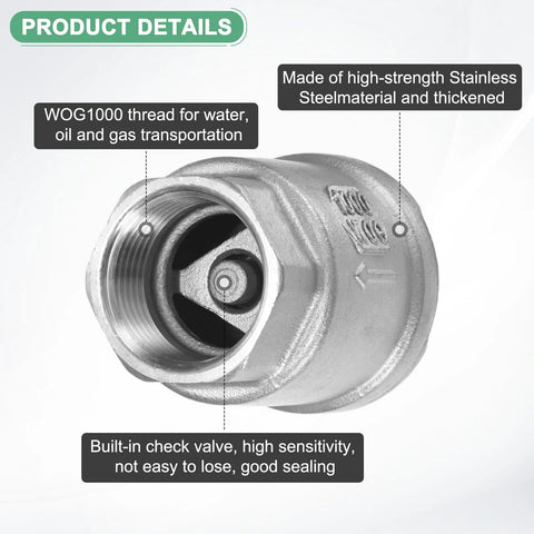 M MeterXity 3/4 in stainless steel inline check valve with NPT threads, one-way backflow preventer, silver