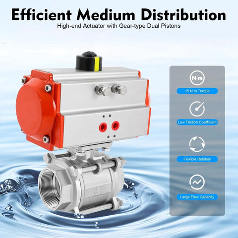 2-inch pneumatic air-actuated ball valve with stainless steel body and red actuator housing