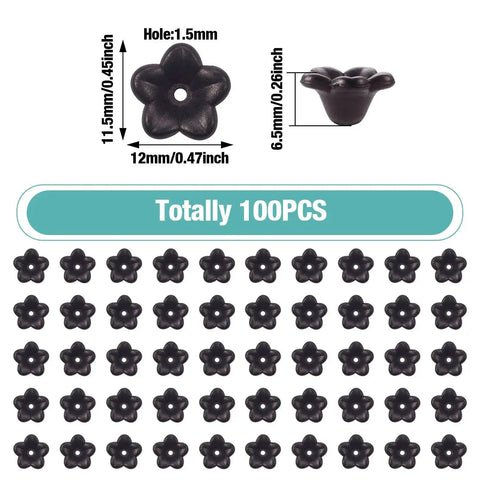 Black Acrylic Flower Bead Caps 100 Pcs Five Petal Frosted Resin Flower Spacers with dimensions for DIY Jewelry Making