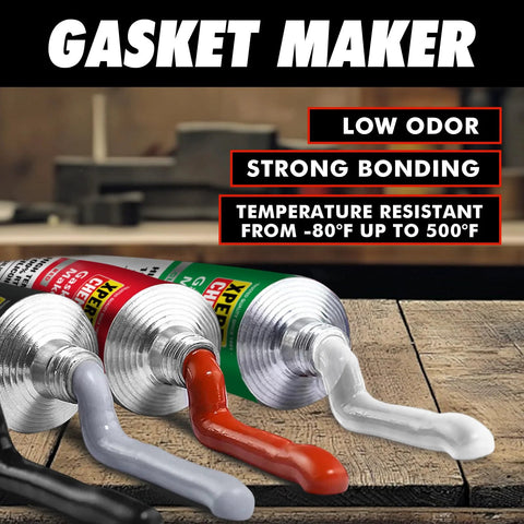 Automotive RTV silicone gasket maker three-tube set with gray, red, and white nozzles on wood surface