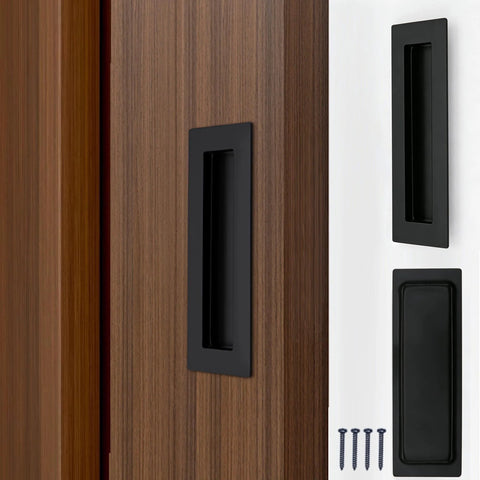 Matte Black Flush Sliding Closet Door Handles Set Of 2, Recessed Finger Pulls for Sliding Barn and Cabinet Doors in wood door setup.