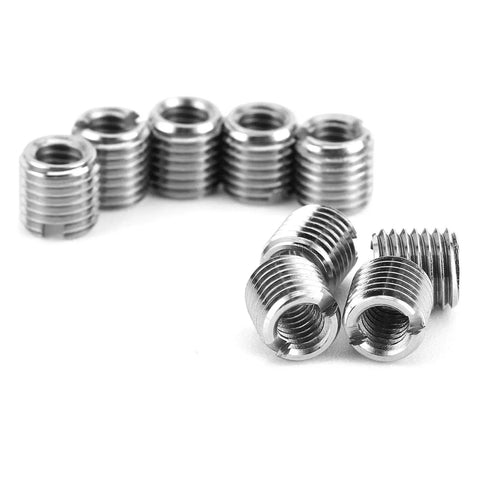 10-pack silver metal self-tapping threaded sleeve inserts with external threads; front view showing several in a row.