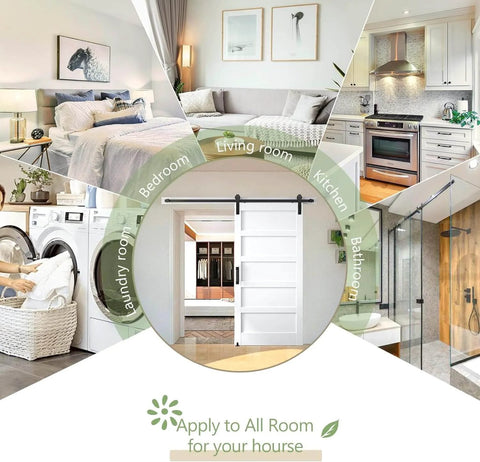 Collage of rooms with central sliding barn door featuring 4Ft Sliding Barn Door Hardware Kit For 1 3 Eighths To 1 3 Fourths Inch Doors