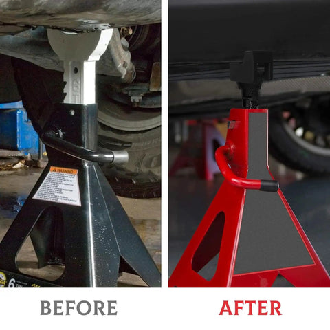 Comparison of a car jack stand before and after using Four Pack Car Jack Pad Adapters For Jack Stands Rubber Slotted Frame Rails 3 Ton