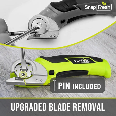 Cordless Electric Scissors 4V Mini Box Cutter With Replacement Blade And Charger For Cardboard, Carpet, Leather, Plastic, Quiet Low Noise Rotary Cutter For Packages And DIY Projects, Green, showing upgraded blade removal.