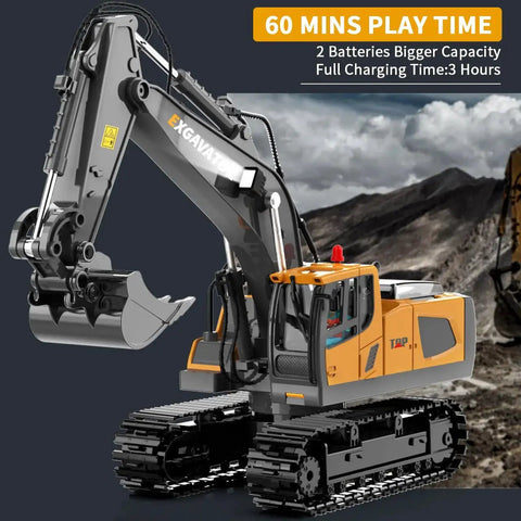11 Channel RC Excavator Toy With Metal Shovel, Lights And Sounds, 680 Degree Cab Rotation, Realistic Construction Truck
