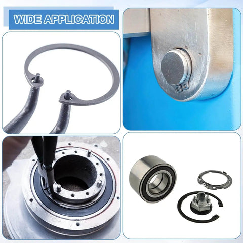 Internal Retaining Ring Circlip Set Two Pack with wide application, showing installation on grooved shafts and studs, 65Mn steel.