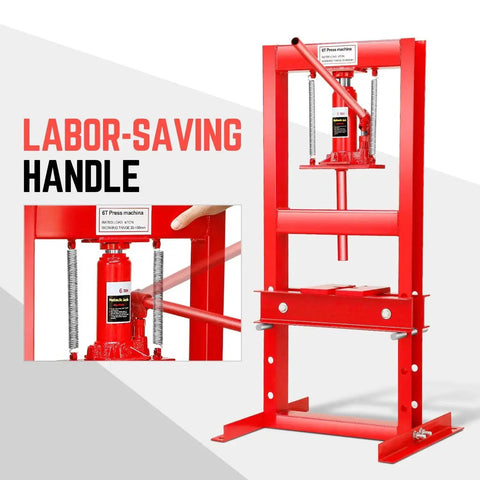 Red 6 Ton Hydraulic Shop Press With H Frame Floor Model for Auto and Metalwork, featuring labor-saving handle and adjustable working range.