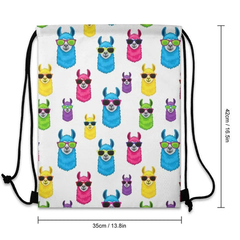 Lightweight Drawstring Sackpack For Gym And Travel Durable Polyester Secure Braided Drawstring To Keep Belongings Safe Ideal Beach Bag Everyday Use With Rainbow Llama Sunglasses Design, 16x14 inches.