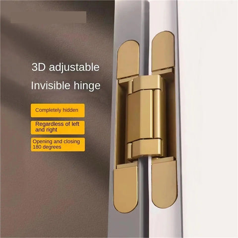 Close-up of 4 Pack Invisible Concealed Door Hinges With 3D Cross Adjustment, installed on a door, in gold finish, 180 kg load rating.