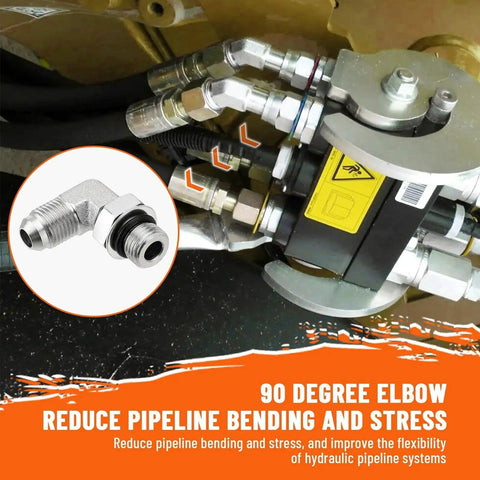 Installed 90 degree elbow hydraulic hose fittings for high pressure lines, includes product detail of Five Pack 90 Degree Elbow Hydraulic Hose Fittings Three Eighths Inch JIC 37 Degree Male To SAE ORB Male End Connectors With Protection Cover For Leak Free High Pressure Hydraulic Line Installations.