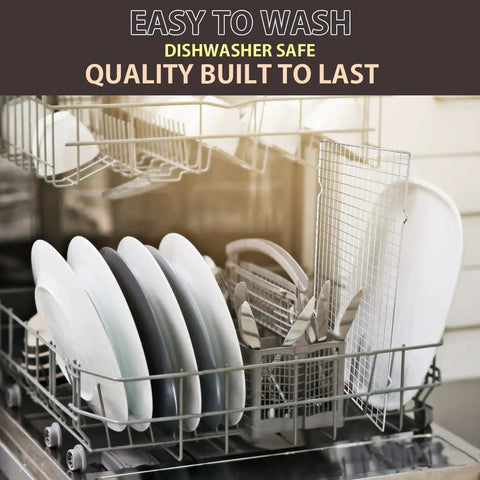Two Pack Stainless Steel Cooling Rack For Baking 16x10 Inches, fits in dishwasher with plates and utensils, showing ease of cleaning.