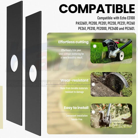 Side view of two black edger blades with 1-inch center holes; 5-pack lawn and garden blade set.