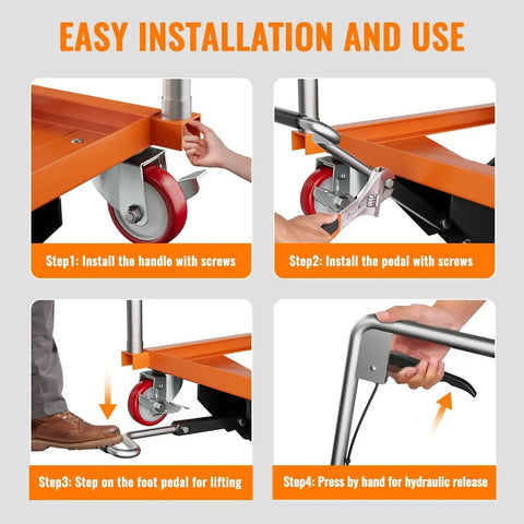 Hydraulic lift table cart with four wheels in orange shown in a four-step installation guide