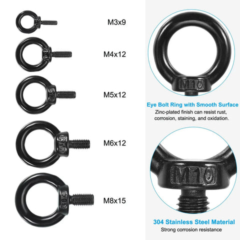 M8x15mm Lifting Shoulder Eyebolt Set 5 Pieces Black 304 Stainless Steel Lifting Ring Eyebolts With Hex Nut Lock Washer