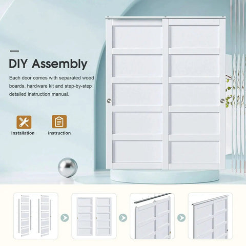 Sliding Closet Door 64x80 Inches 5 Panel Bypass Barn Doors With Concealed Hardware Track Kit White Finish DIY Assembly