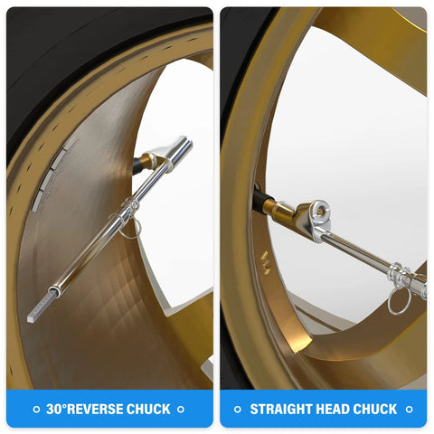 MEANLIN MEASURE tire pressure gauge, silver dual-head, 30° reverse chuck view and straight-head chuck view.