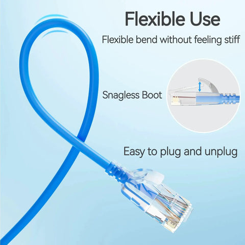 Slim Blue Cat6 Patch Cables 0.5 Feet 10 Pack High Speed Cat6a Cables showing flexibility, snagless boot design, and easy plug feature