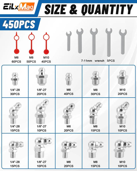 EilxMag grease fittings assortment kit with SAE/metric zerk fittings 1/4, 1/8, M6, M8, M10; includes caps and wrench