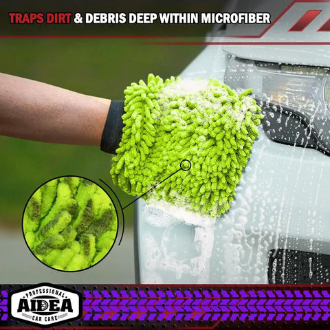 Scratch Free Microfiber Car Wash Mitt 2 Pack For Lint Free Shine And Scratch Resistant Cleaning, Extra Plush Chenille, Green, Double Sided Microfiber Mitts, 7.12 by 10.14 Inches Gentle On Paint AIDEA, showing dirt trapped within. 