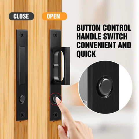 Pocket Door Hardware Set With Flush Recessed Pull Handles, Heavy Duty Sliding Edge Pull With Pop Out Ring on wood door