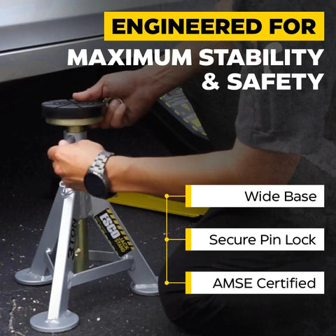 3 Ton Jack Stands Pair With 10 Adjustable Heights And Rust Resistant Post being adjusted for stability under vehicle