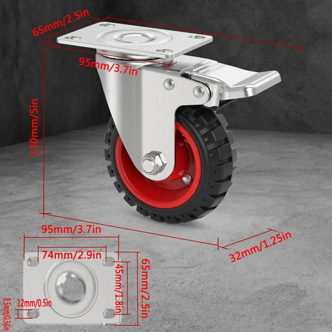 4 Inch Swivel Caster Wheels With Dual Locking And Rubber Tires Heavy Duty 300 Lb Per Caster Load Capacity, dimensions labeled.