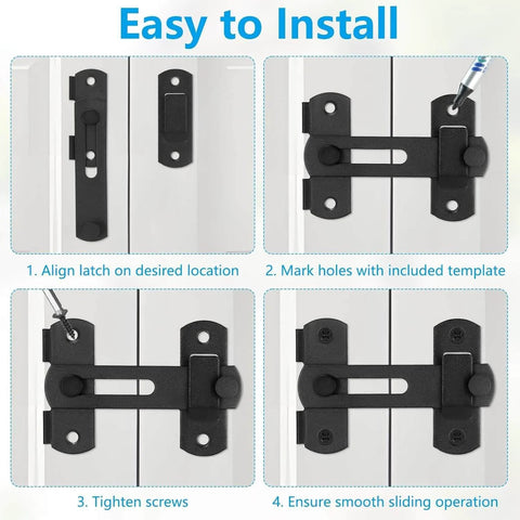 Installation steps for 4 Inch Black Barn Door Lock Sliding Cat Door Latch Kit With No Fuss Easy Install And Rust Resistant Stainless Steel Hardware