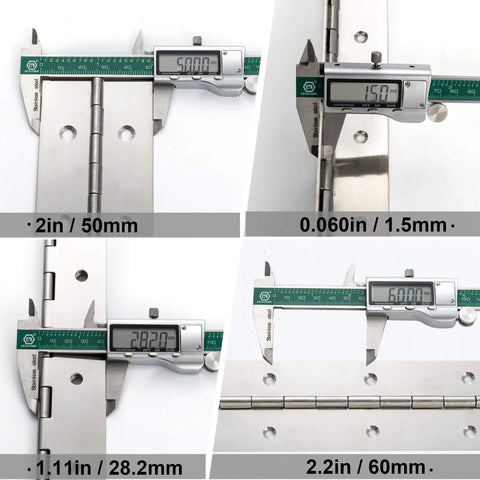 Marine Grade Heavy Duty Piano Hinge 36 Inch Long By 2 Inch Wide Built Beefy And Ready True Zero Point Zero Six Zero Inch Stainless Steel with caliper measurements