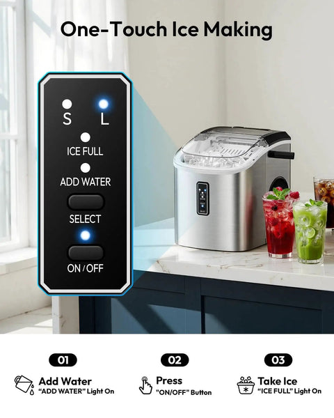 Countertop Ice Maker 9 Cubes In 6 Minutes Portable Self Cleaning Two Ice Sizes with control panel in a kitchen setting.