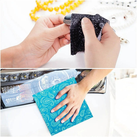 Multicolor Microfiber Cloths For Glasses Lenses And Cameras With Mandala Pattern in use on jewelry and car surface