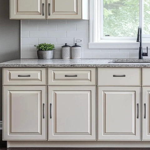 30 Pack 5 Inch Hole Center Kitchen Cabinet Handles Curved Black Zinc Alloy Drawer Pulls installed on white cabinets