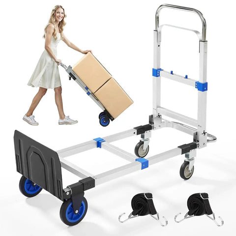 3 In 1 Aluminum Folding Hand Truck Dolly Cart with wheels up to 600 lbs capacity, woman pushing boxes on cart, blue accents, collapsible trolley