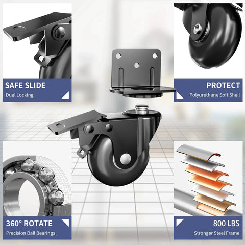 Side Mount Plate Caster Wheels Set Of 4 With Brakes, Heavy Duty 800 Lbs Capacity, 360 Degree Swivel, Locking Wheels, Black 2 Inch
