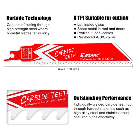 Endurance Carbide Reciprocating Saw Blade for Thick Metal and Cast Iron 6 Inch 8 TPI Durable Alloy Steel Cutter Long Life Unlike Bi Metal EZARC 3 Pack for Heavy Metal Demolition and Construction