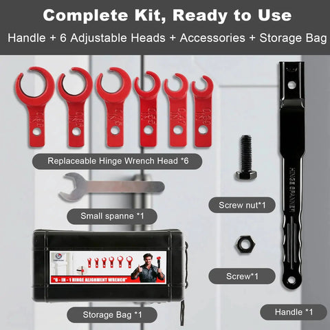 Six In One Door Hinge Adjustment Tool With Six Wrench Sizes For Hinges From 0.39 To 0.98 Inches Precision Hinge Gap Adjusting And Noise Eliminating Repair Kit For Cabinets To Entry Doors Ideal For Residential And Commercial Use Durable Build shown with wrenches, parts, and storage case.