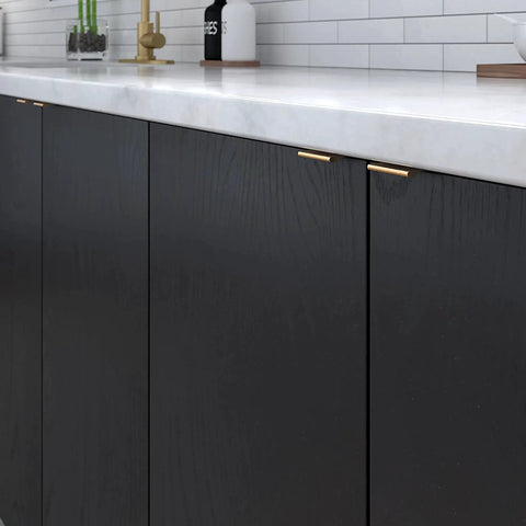 1-Inch Center-To-Center Satin Gold Modern Cabinet And Drawer Edge Pull Handle For Kitchen on black cabinet