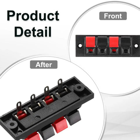 Front and side view of Dope Four Way Spring Terminal Clip Push Release Connector Plate Jack Socket For Speaker Terminal Strip WP41