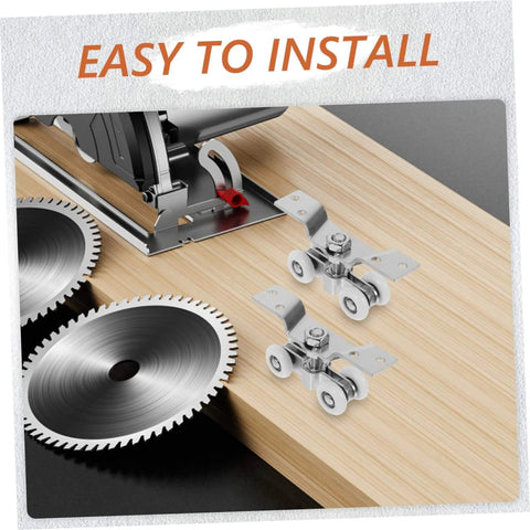 2 Pack Stainless Steel Sliding Door Pulleys With Silent Nylon Rollers on wooden board, showing easy installation