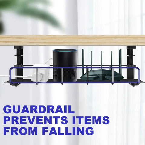 Under Desk Cable Management Tray No Drill Setup Clamp Mount with items organized and guardrail feature