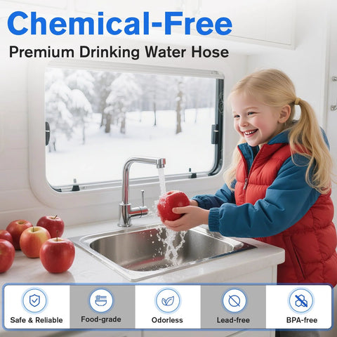 Heated RV water hose product; girl washing an apple at a stainless sink in a snowy RV kitchen.