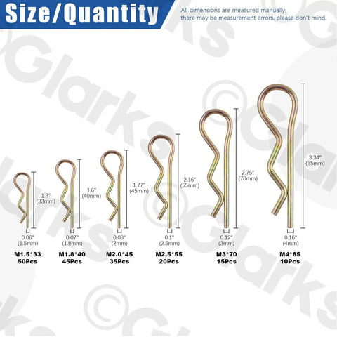 R Pin Cotter Pins Kit 175 Pieces With 6 Sizes Zinc Plated Carbon Steel Hairpin Clips Spring Fasteners, sizes labeled.