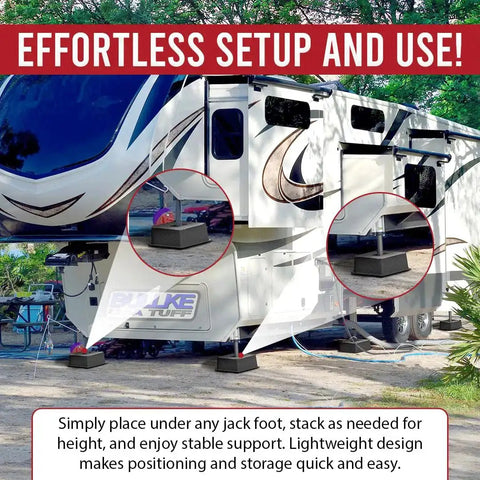 Heavy Duty Trailer Jack Blocks For RVs Up To 18,000 Lbs installed on an RV, UV Resistant Stabilizing Pads for Travel Trailers in use