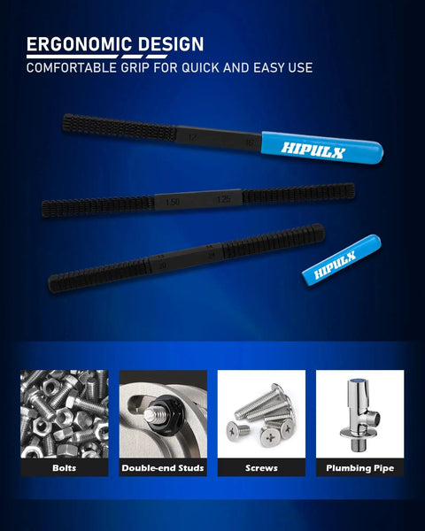 Three Piece Thread File Set With 5140 Alloy Steel For SAE And Metric Threads, Ergonomic Handle, shown with bolts, studs, screws, pipe.