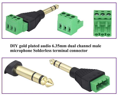 1/4 Inch TRS Audio Screw Terminal Block Adapter, 6.35mm Male to 3 Pin Female Bolt Screw Terminals, close-up view